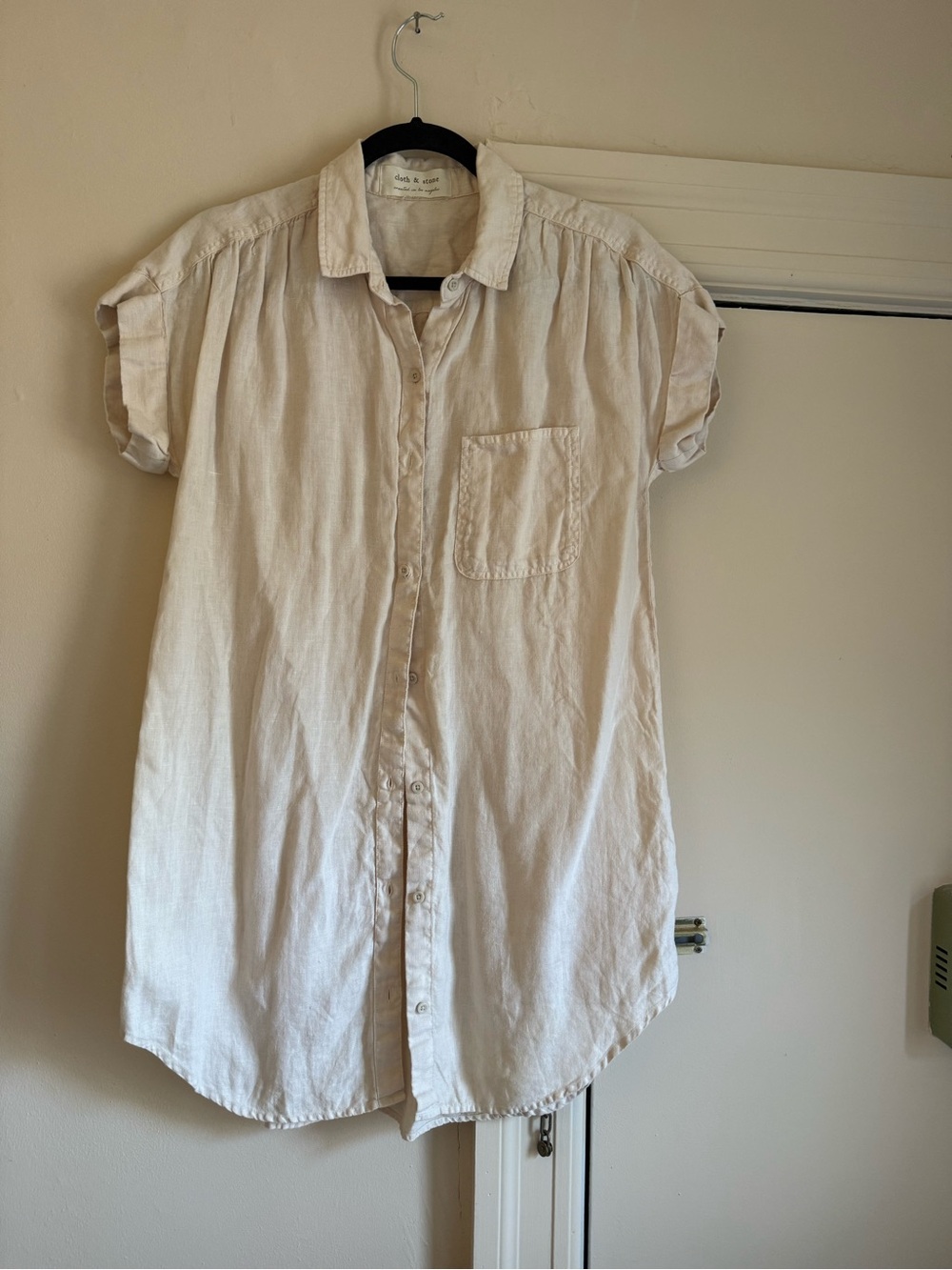 Light Cream Short-Sleeve Button-Up Dress